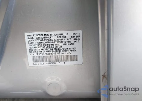 2014 Honda Pilot Ex-L z USA, uszkodzony, nr VIN 5FNYF4H56EB045168